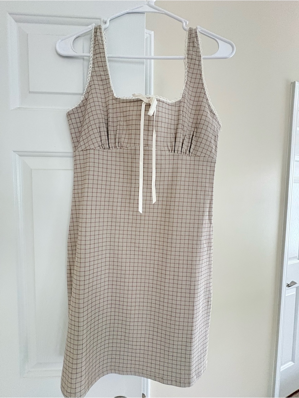 Altar'd State Neutral Beige Checked Square-Neck Slip with Tie